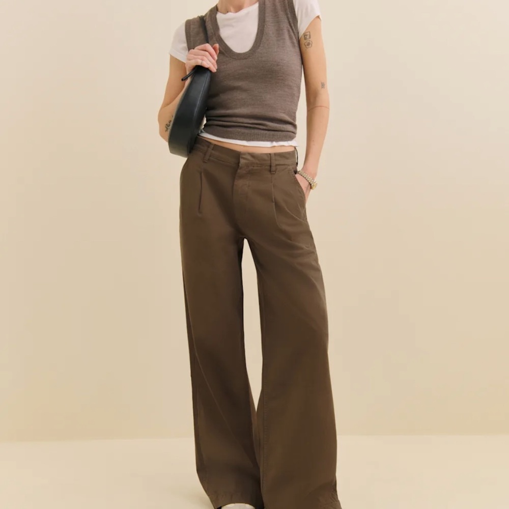 Reformation Malia Mid Rise Wide Leg Pleated Trouser Pants Brown - Size 27